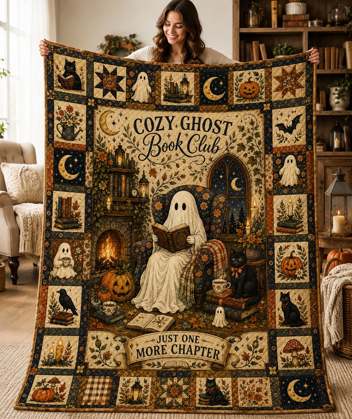 Spooky Ghost Cat Quilted Blanket, Halloween Cottagecore Throw