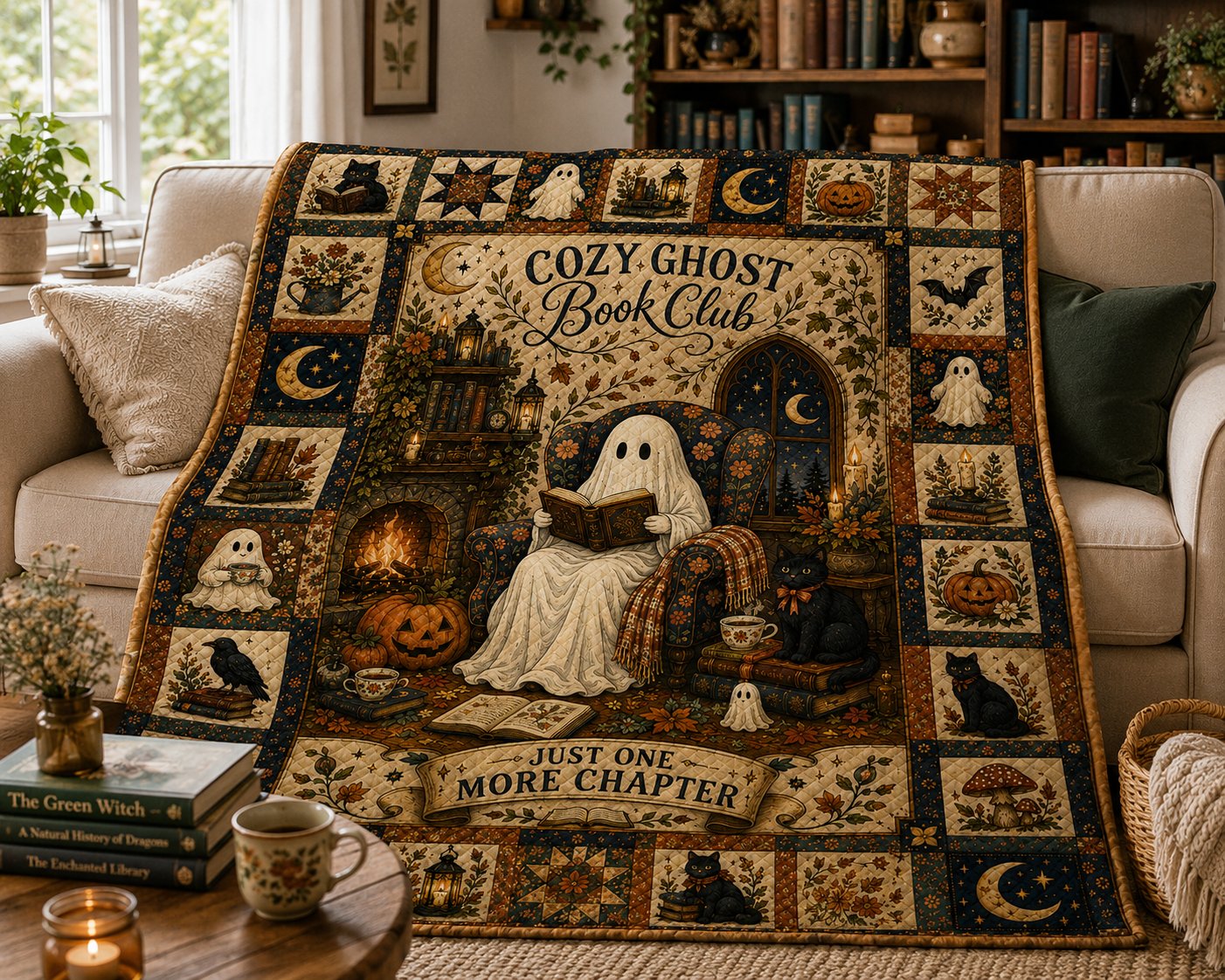 Spooky Ghost Cat Quilted Blanket, Halloween Cottagecore Throw