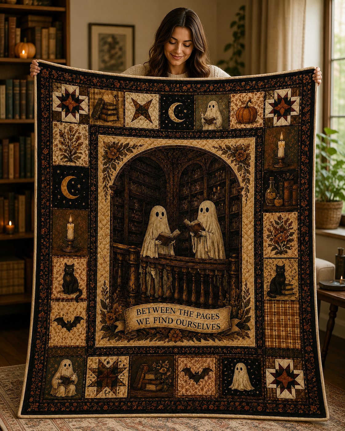 Ghost Library Quilted Blanket, Gothic Book Lover Halloween, Cozy Reading Room Decor