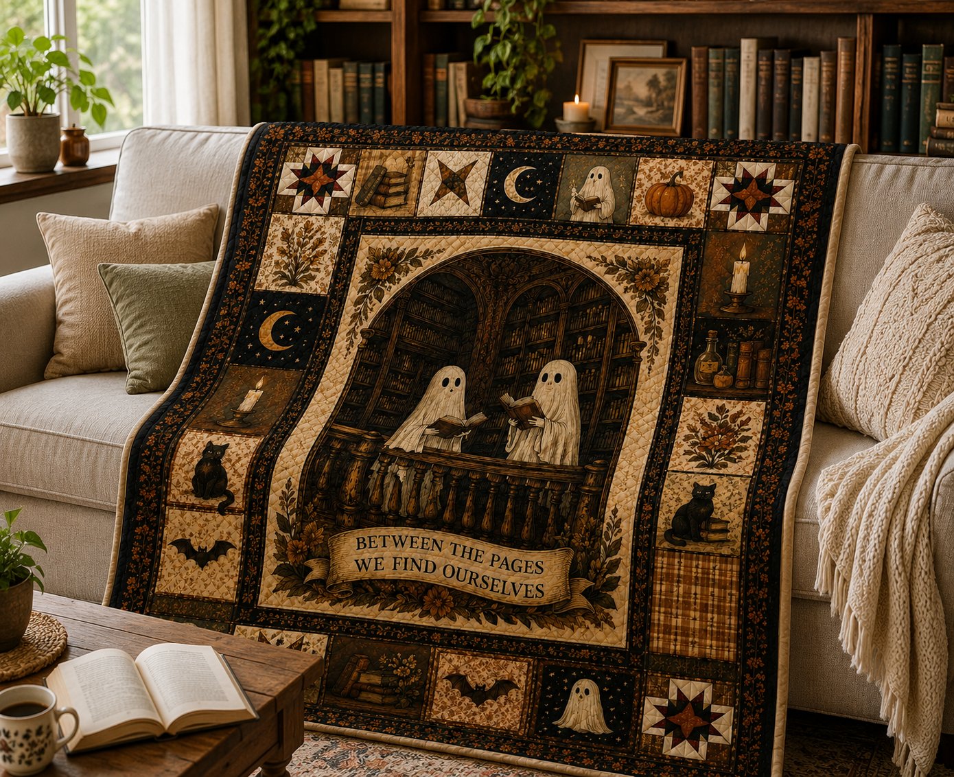 Ghost Library Quilted Blanket, Gothic Book Lover Halloween, Cozy Reading Room Decor