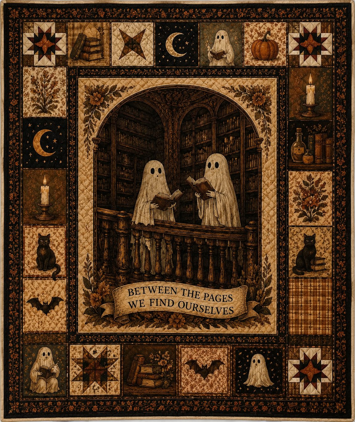 Ghost Library Quilted Blanket, Gothic Book Lover Halloween, Cozy Reading Room Decor