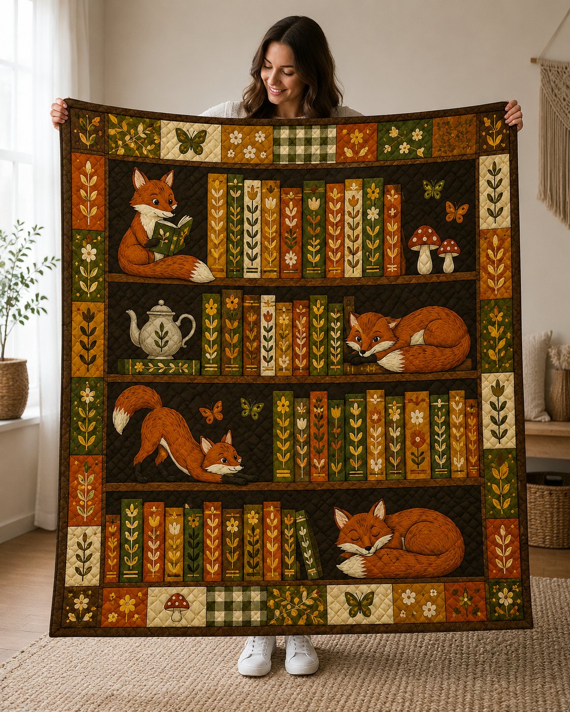Vintage Bookshelf Quilted Blanket, Cottagecore Fox Bookish Gift