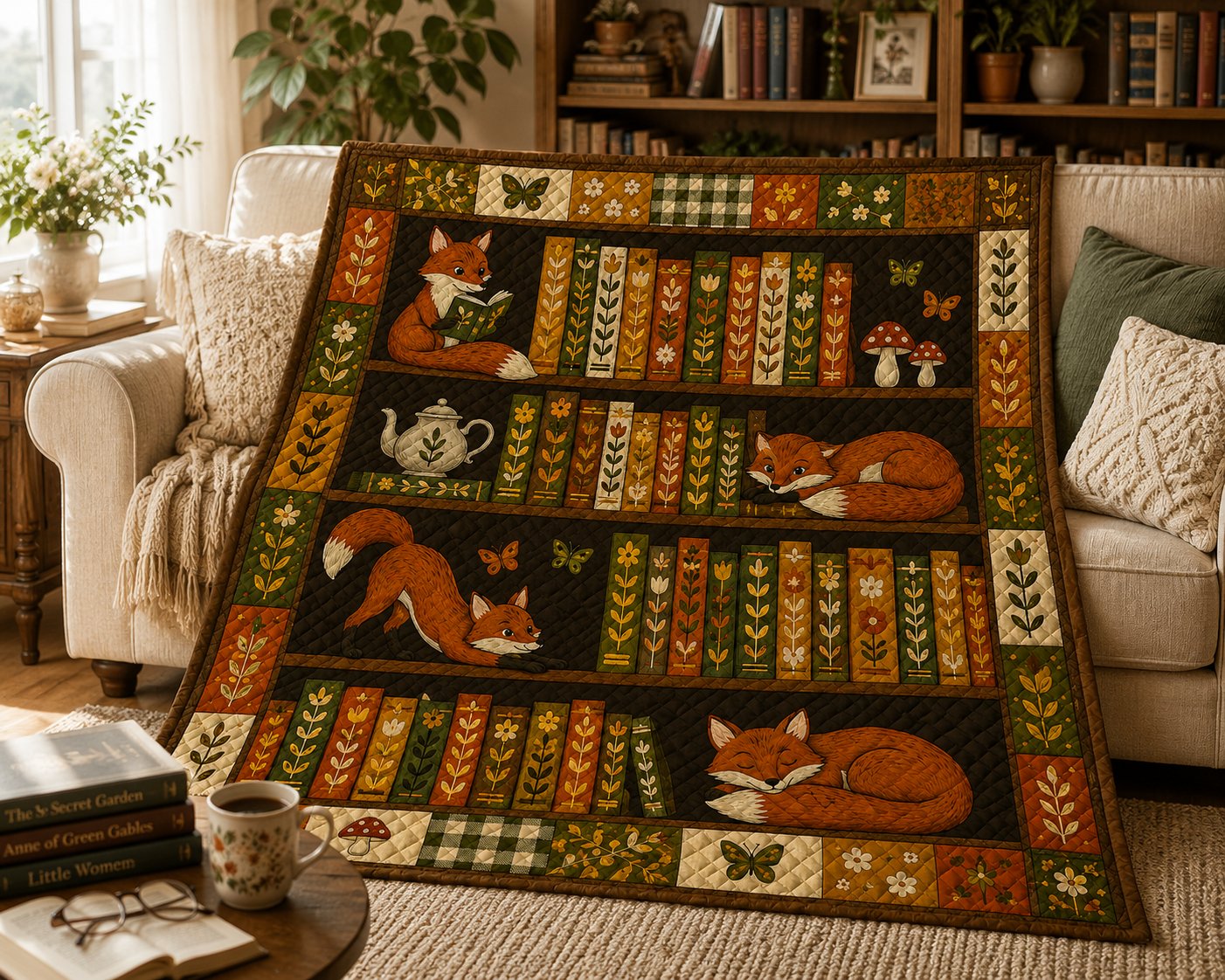 Vintage Bookshelf Quilted Blanket, Cottagecore Fox Bookish Gift