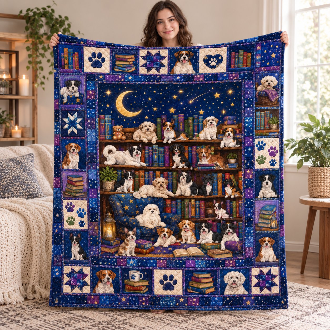 Book Lover Dog Library Quilted Blanket, Custom Bookworm Gift