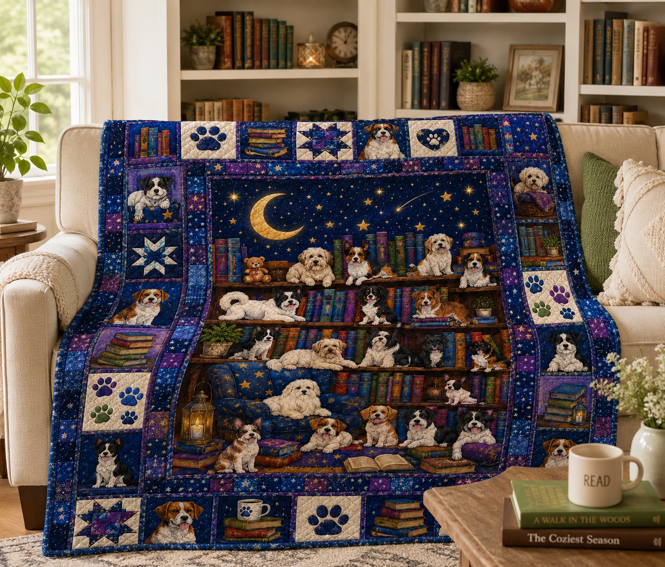 Book Lover Dog Library Quilted Blanket, Custom Bookworm Gift