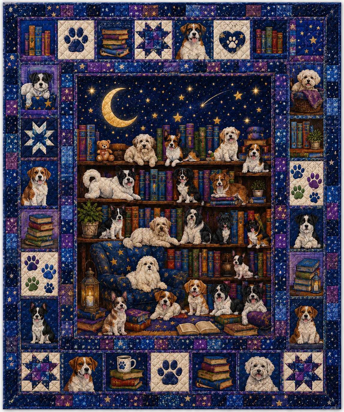 Book Lover Dog Library Quilted Blanket, Custom Bookworm Gift