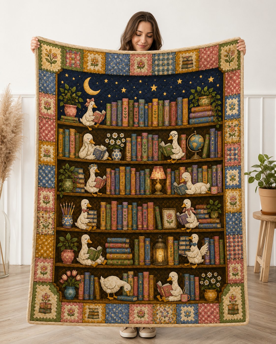 Silly Goose Book Lover Quilted Blanket, Bookish Gift for Her