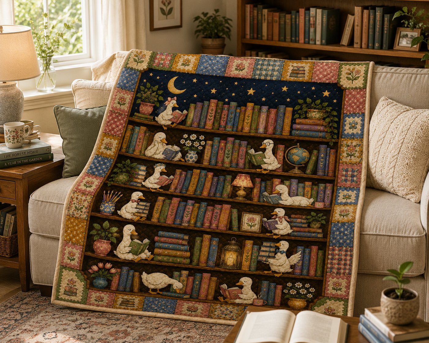 Silly Goose Book Lover Quilted Blanket, Bookish Gift for Her