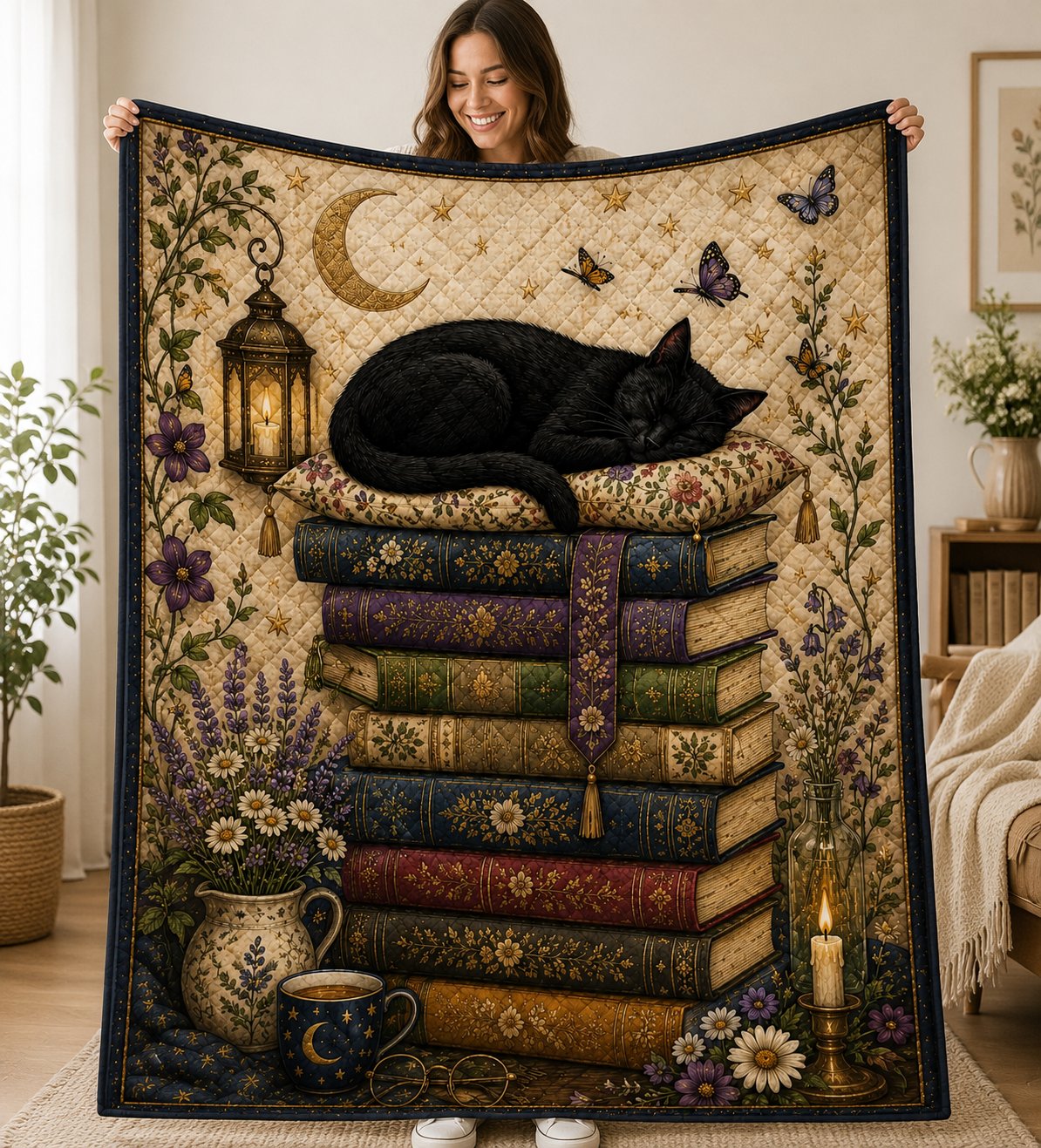 Black Cat on Books Quilt Blanket, Cozy Reader Cat Lover, Gift for Her