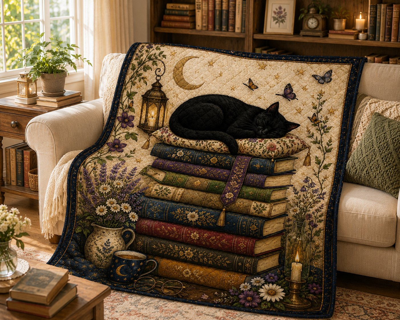 Black Cat on Books Quilt Blanket, Cozy Reader Cat Lover, Gift for Her