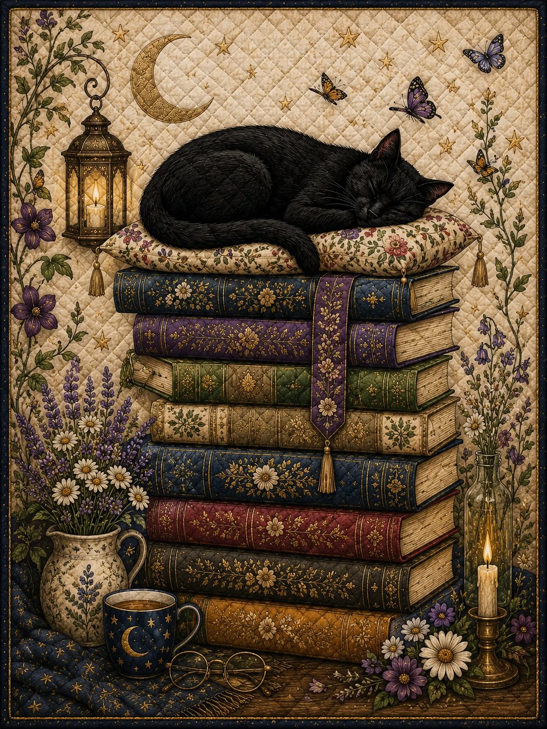 Black Cat on Books Quilt Blanket, Cozy Reader Cat Lover, Gift for Her