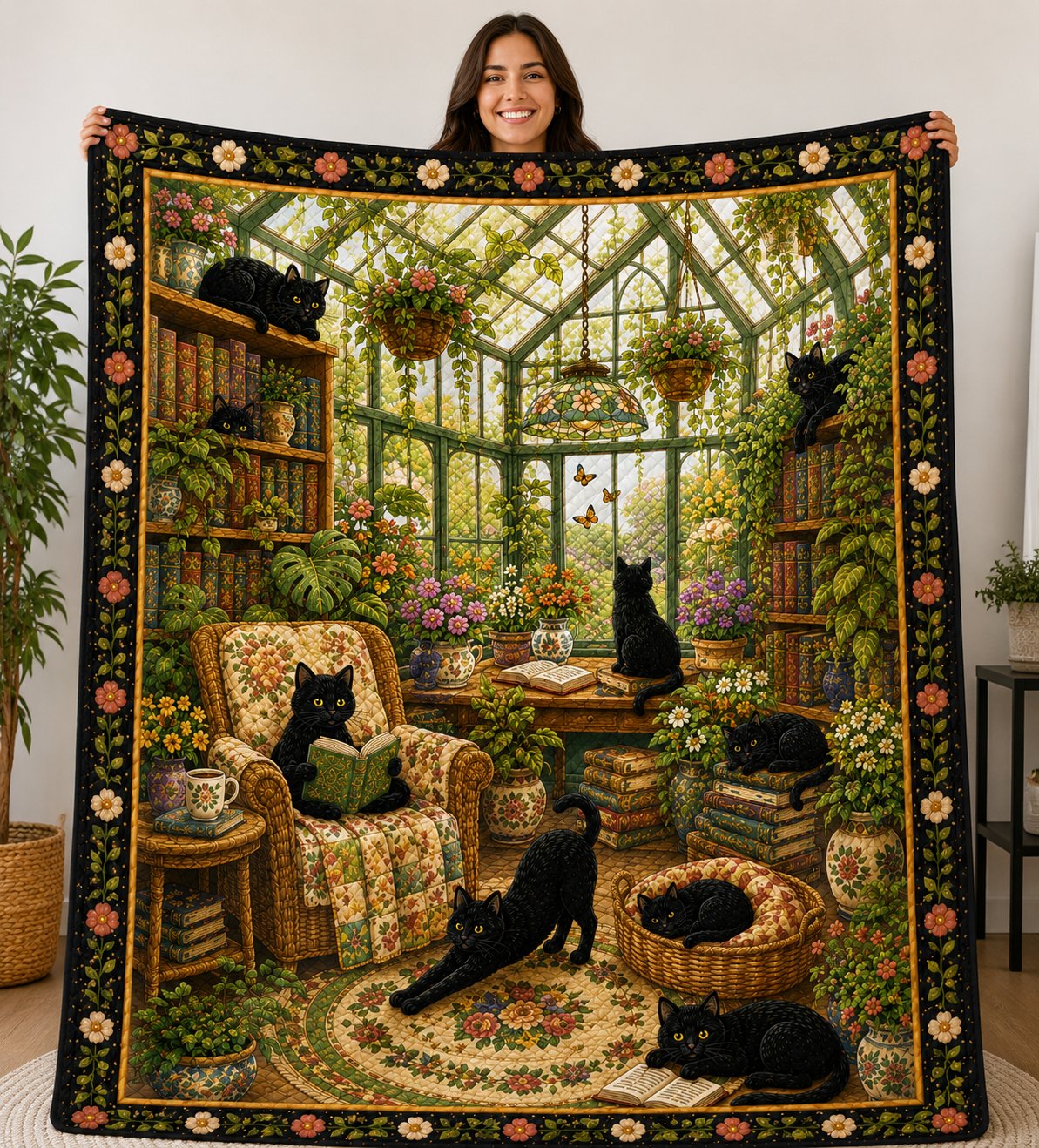 Greenhouse Library Cat Quilt, Botanical Book Lover, Gift for Her