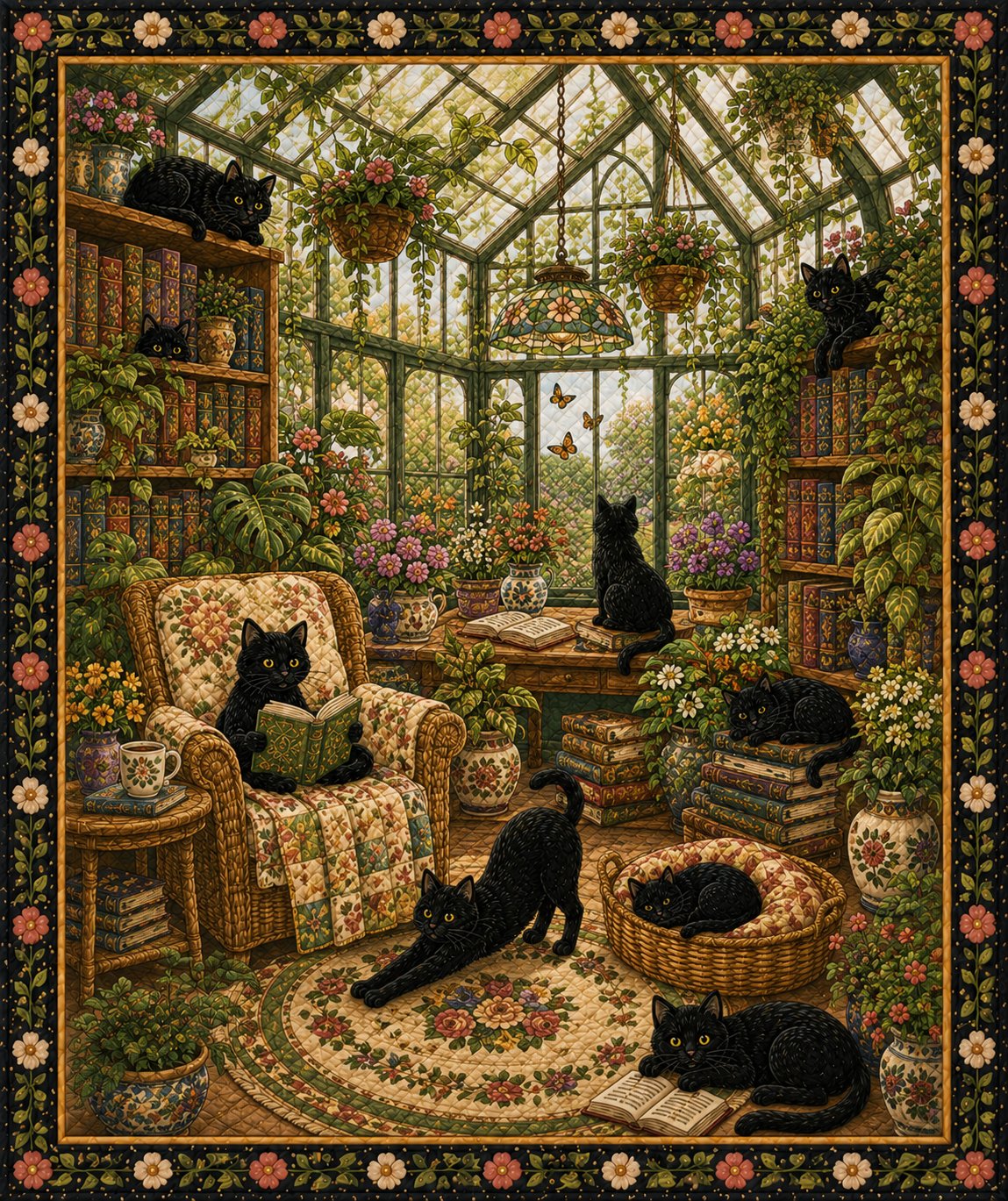 Greenhouse Library Cat Quilt, Botanical Book Lover, Gift for Her