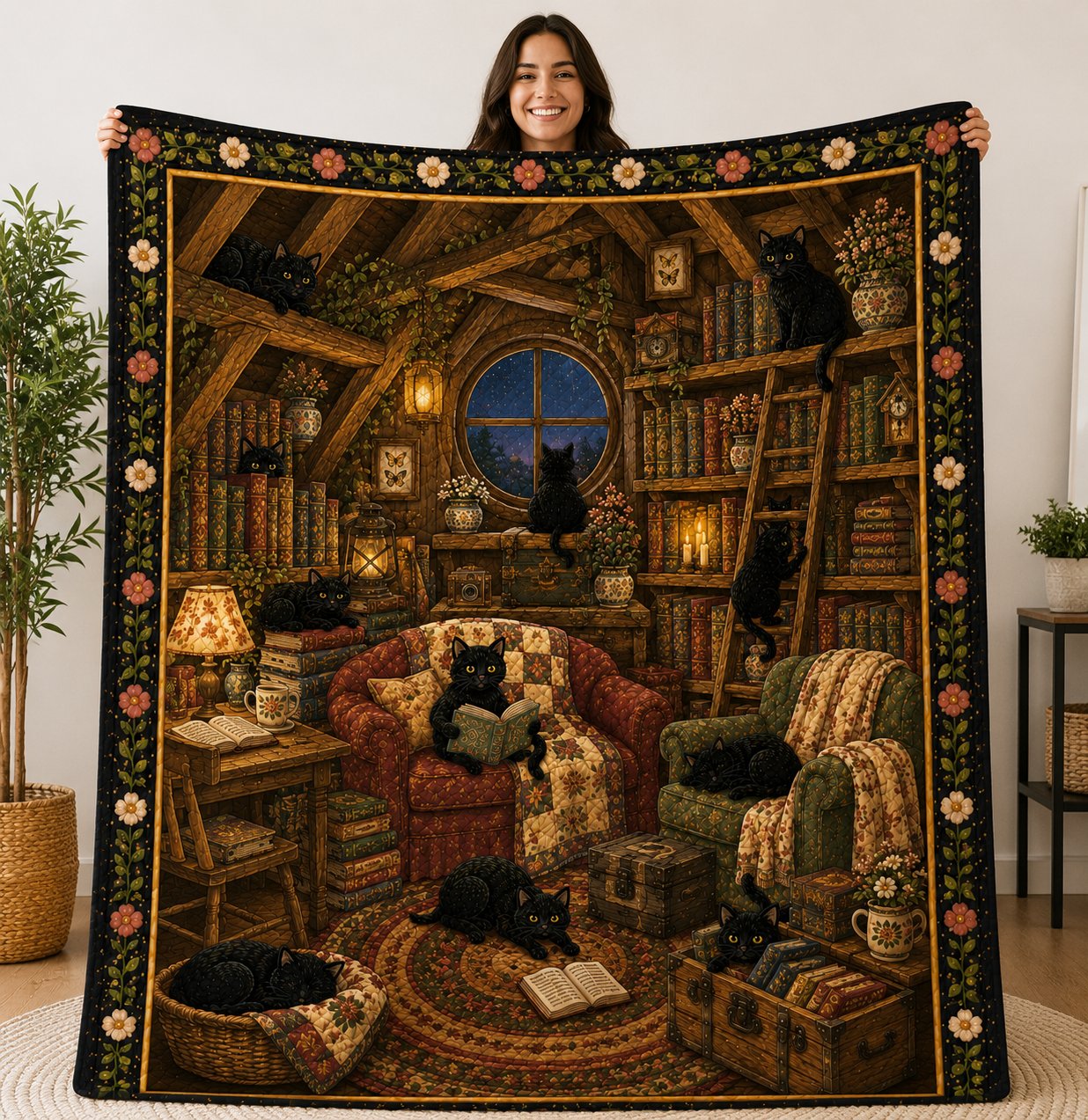 Attic Library Cat Quilt, Dark Academia Book Lover Throw, Gift for Her