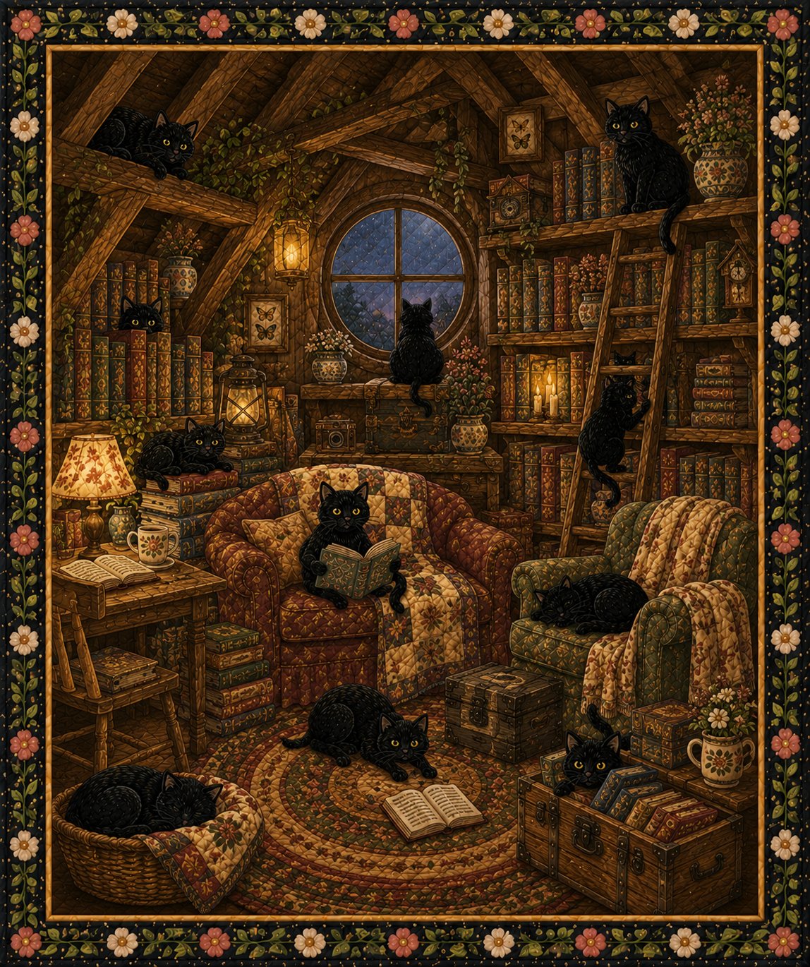 Attic Library Cat Quilt, Dark Academia Book Lover Throw, Gift for Her