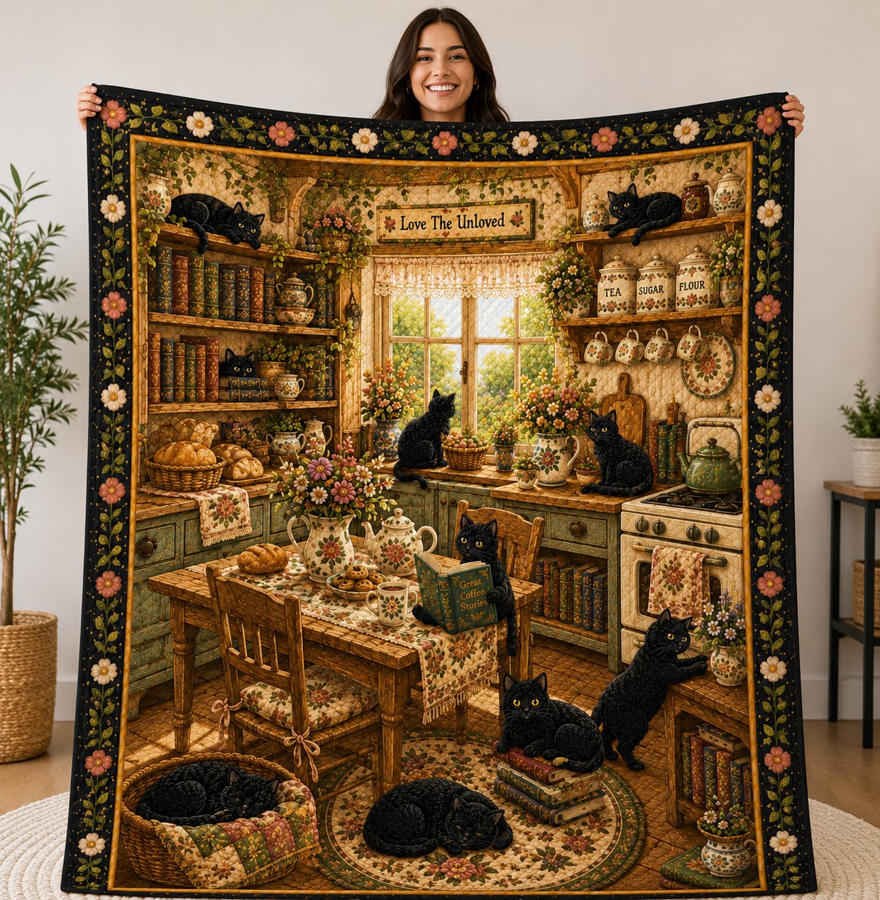 Cottage Kitchen Cat Quilt Blanket, Black Cat Book Lover Gift