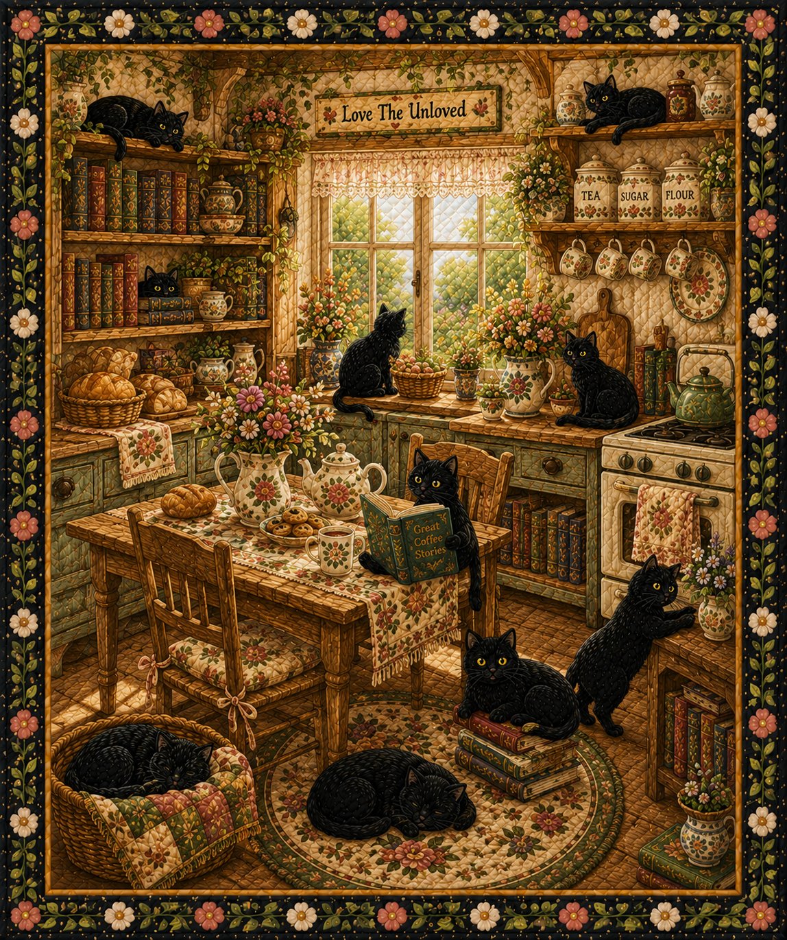 Cottage Kitchen Cat Quilt Blanket, Black Cat Book Lover Gift