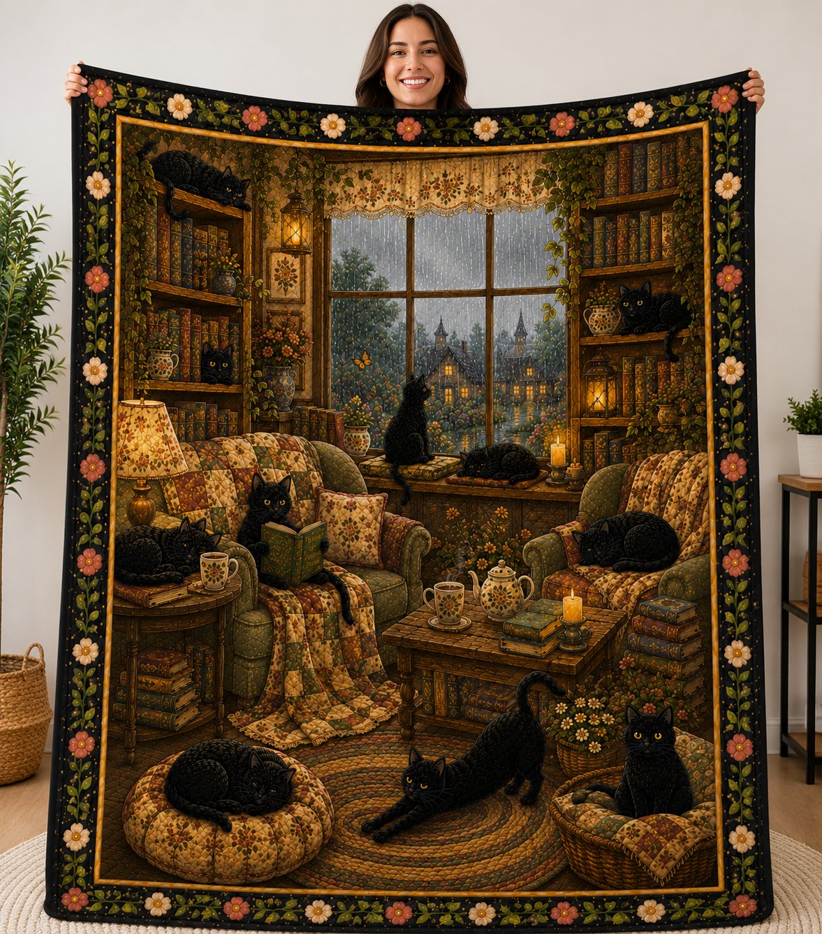 Rainy Day Reading Quilt Blanket, Cozy Cat Book Lover Throw, Gift for Her
