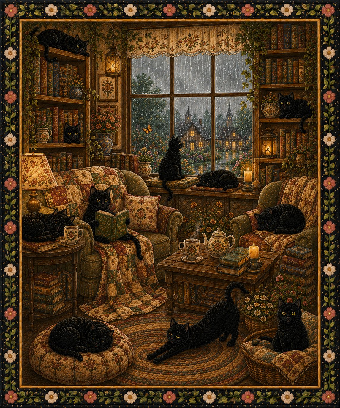 Rainy Day Reading Quilt Blanket, Cozy Cat Book Lover Throw, Gift for Her