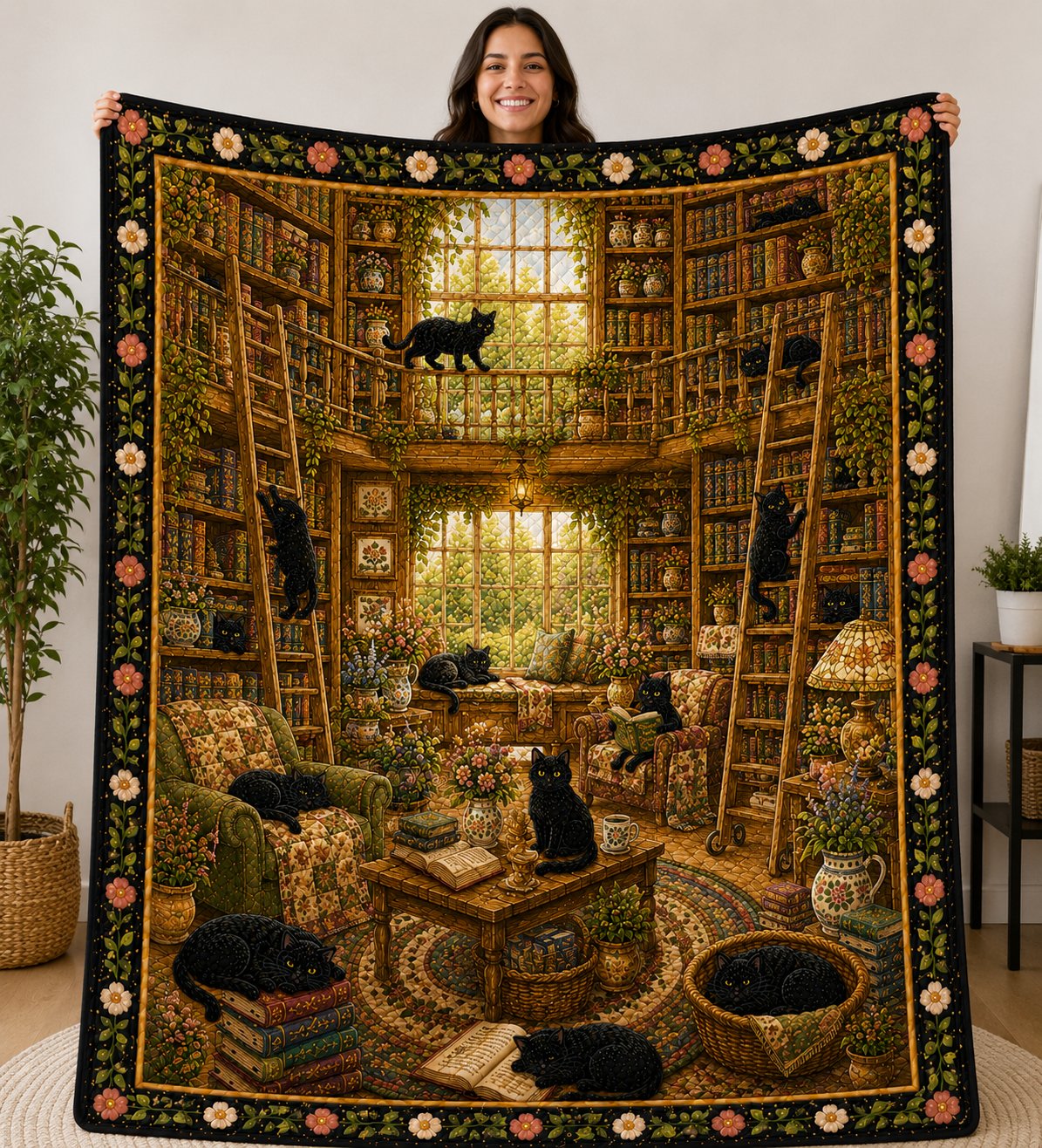 Black Cat Book Lover Quilt, Reading Room Blanket, Cat Gift for Her