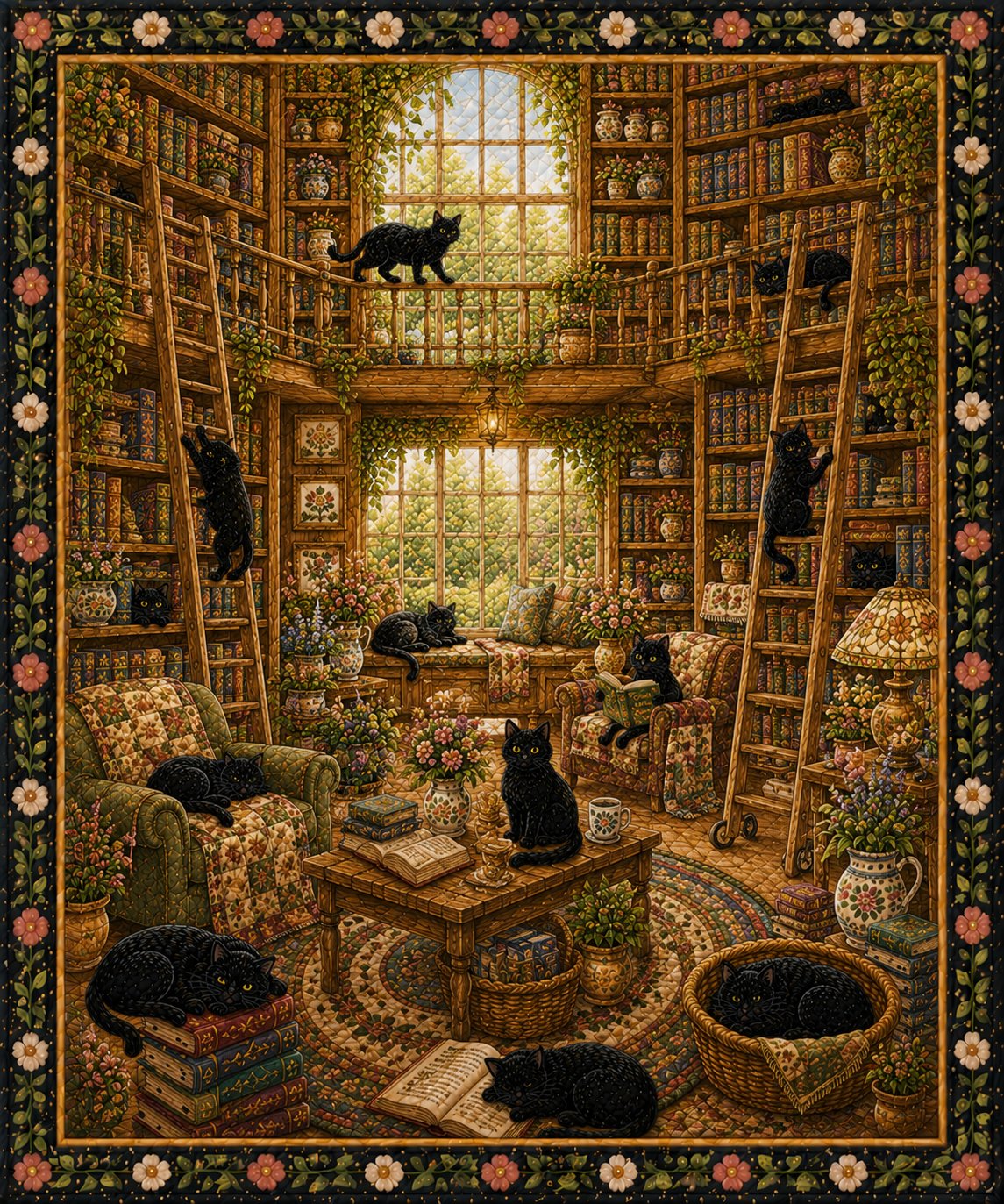 Black Cat Book Lover Quilt, Reading Room Blanket, Cat Gift for Her