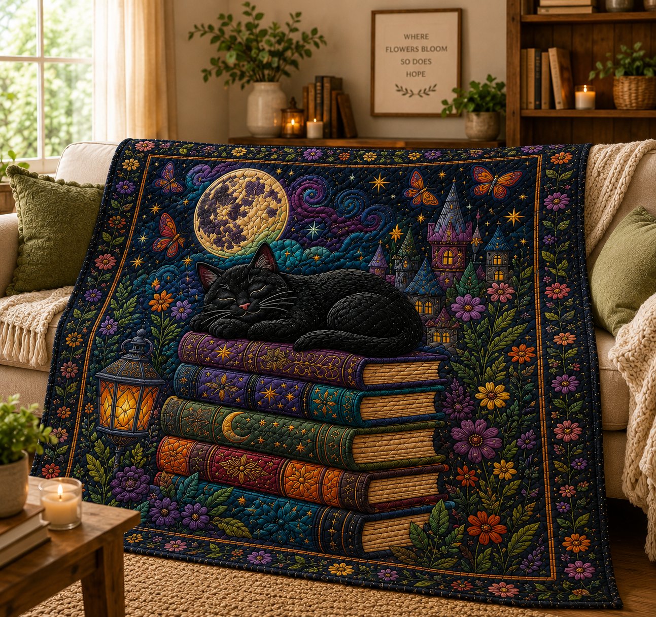 Black Cat Gothic Quilted Blanket, Dark Academia Decor, Gift for Her
