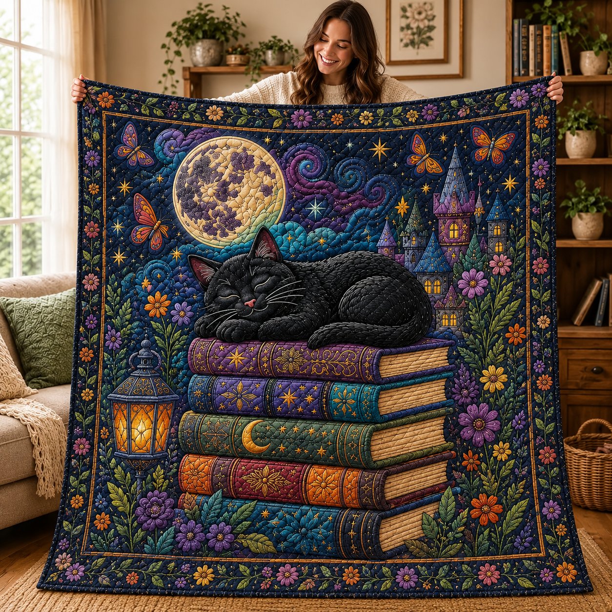 Black Cat Gothic Quilted Blanket, Dark Academia Decor, Gift for Her