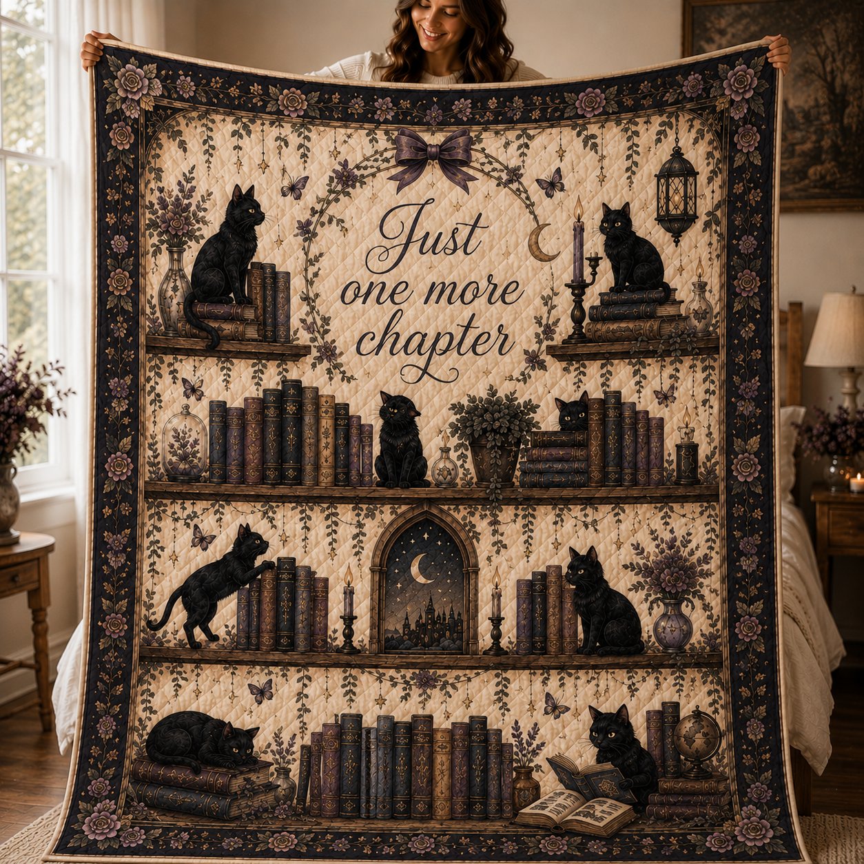 Gothic Black Cat Quilted Blanket, Book Lover, Cozy Home Gift