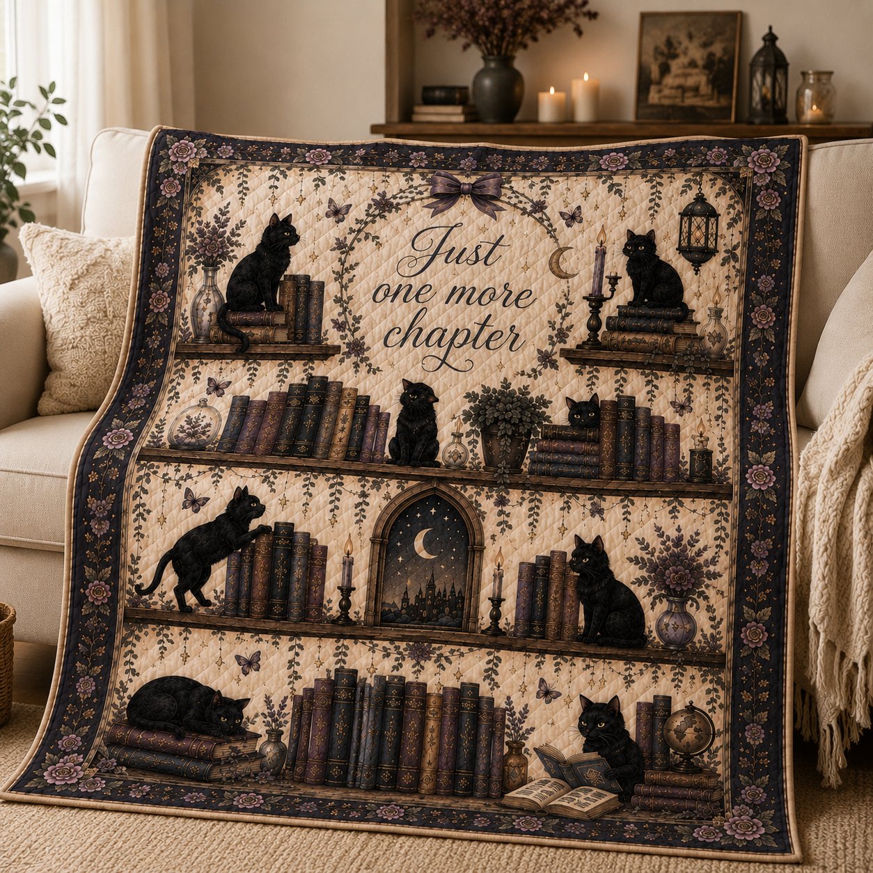 Gothic Black Cat Quilted Blanket, Book Lover, Cozy Home Gift