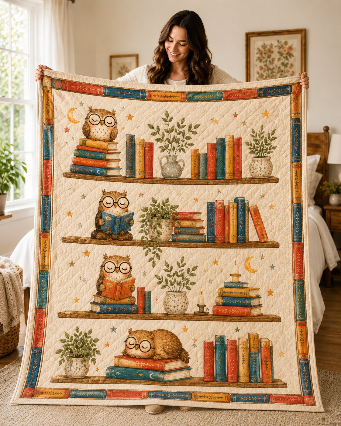 Owl Book Lover Quilted Blanket, Cozy Reading Gift, Bookworm