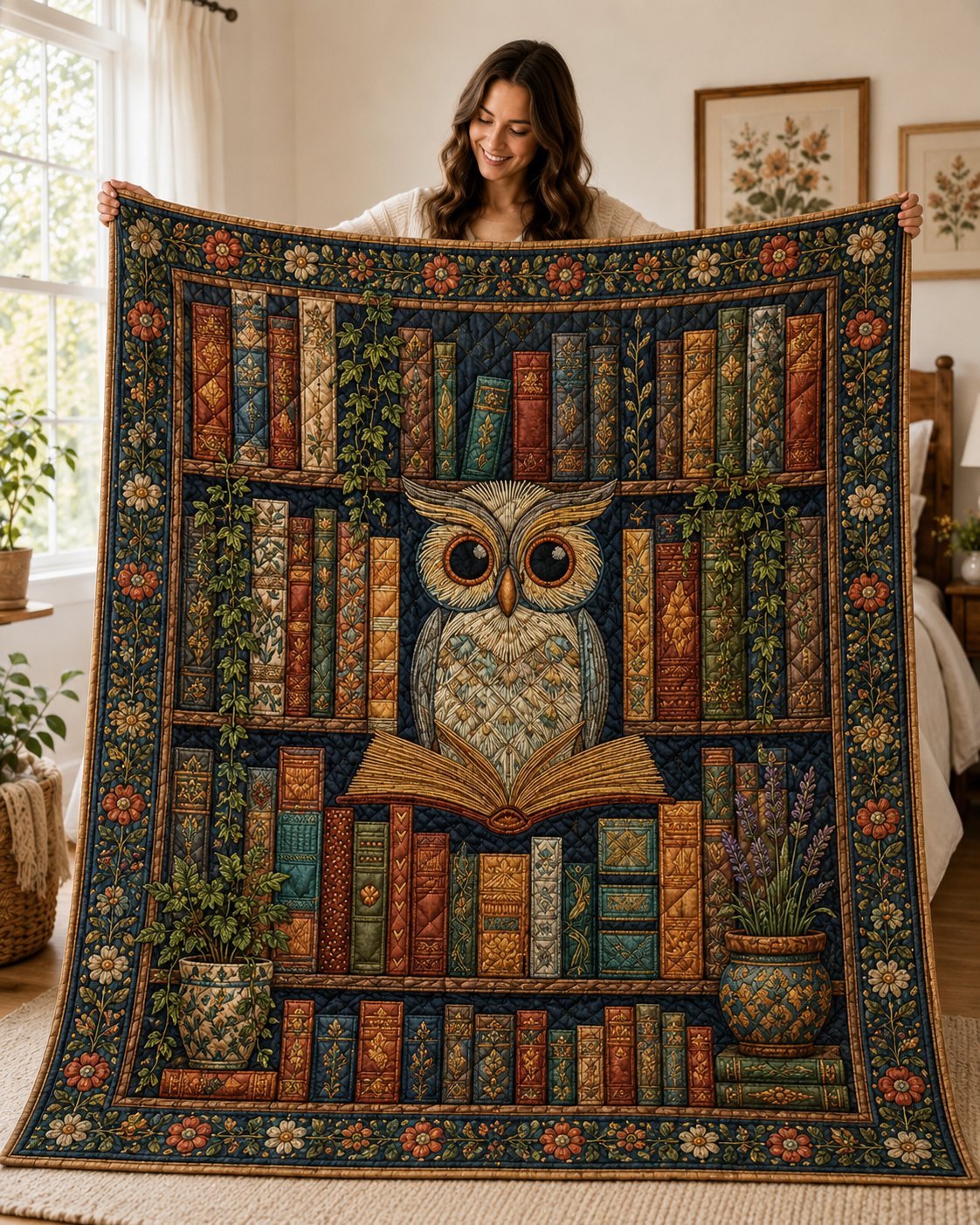 Owl Book Lover Quilted Blanket, Cozy Reader Gift, Book Club