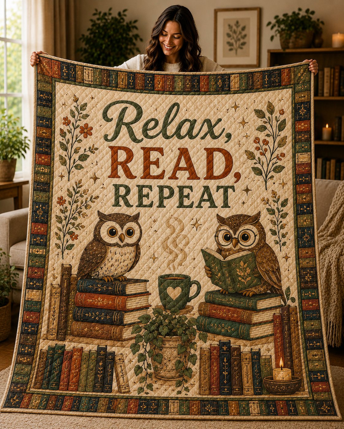 Owl Book Lover Quilted Blanket, Cozy Read Repeat, Gift for Her