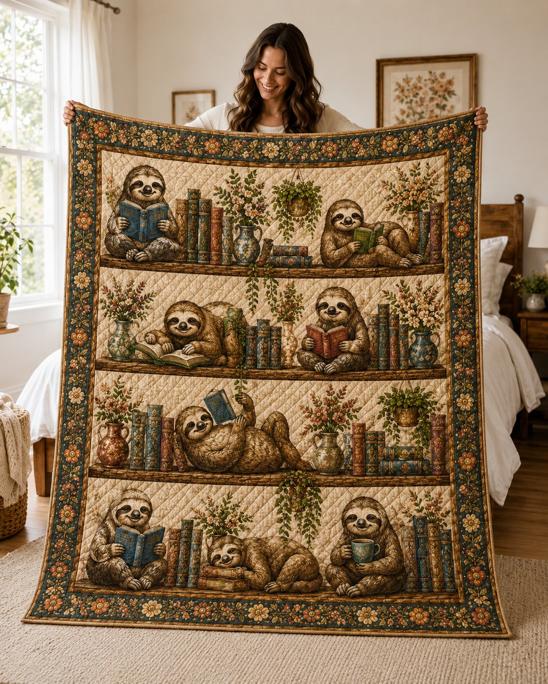Sloth Reading Books Quilted Blanket, Bookworm Cozy Gift for Her