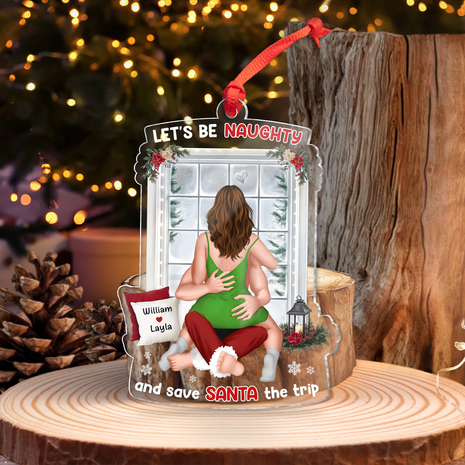 Personalized "Let's Be Naughty" acrylic ornament featuring a funny Santa couple illustration and names