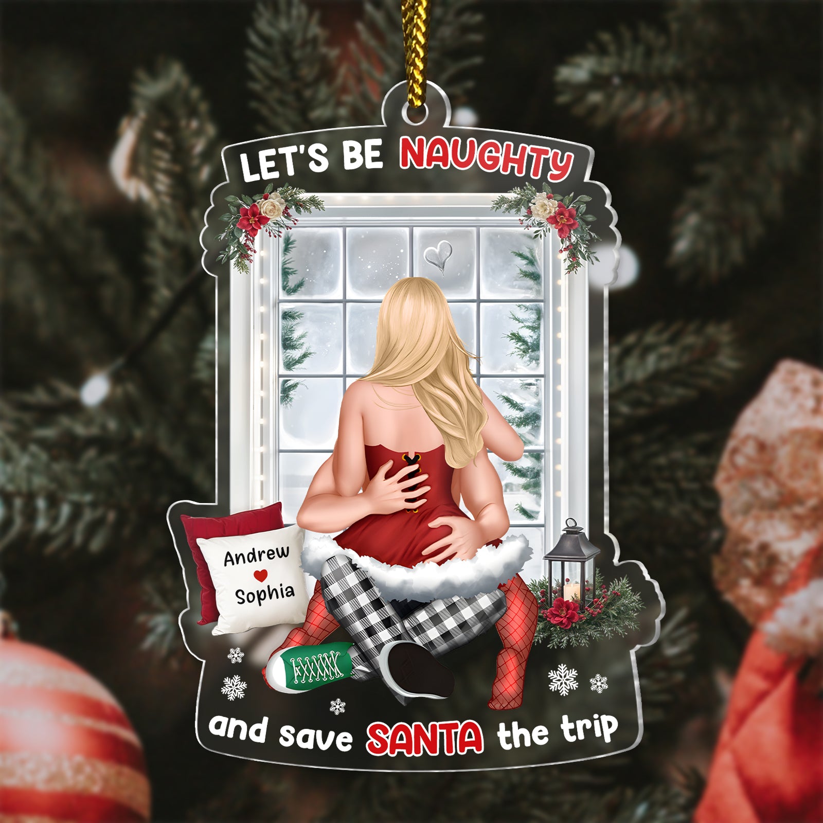 Durable, clear acrylic Christmas ornament with high-definition UV printing of a humorous holiday couple