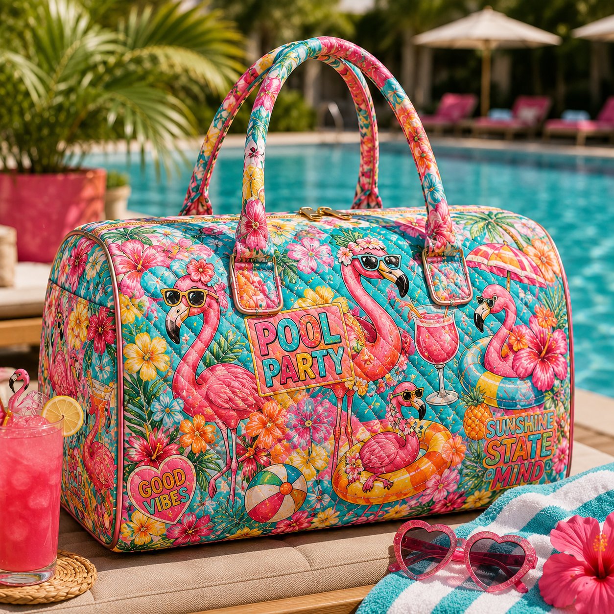 Flamingo Quilted Duffle Bag, Tropical Beach Tote, Pink Trip, Gift for Her