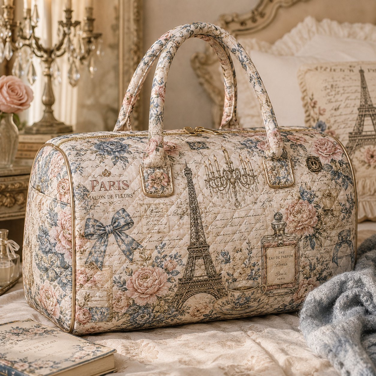 Paris Quilted Weekender Bag, Vintage Floral Travel Tote, Gift for Her
