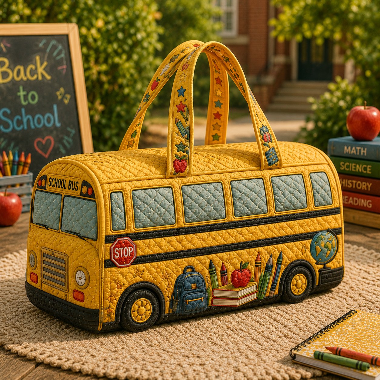 School Bus Quilted Weekender Bag, Teacher Travel Duffel, Gift