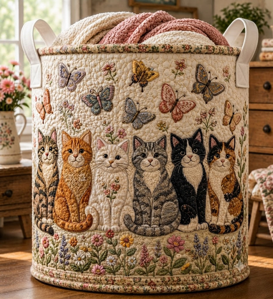 Cat Lover Quilted Laundry Bag, Floral Cat Laundry Hamper, Cottagecore Kitty Storage Basket, Butterfly Garden Decor
