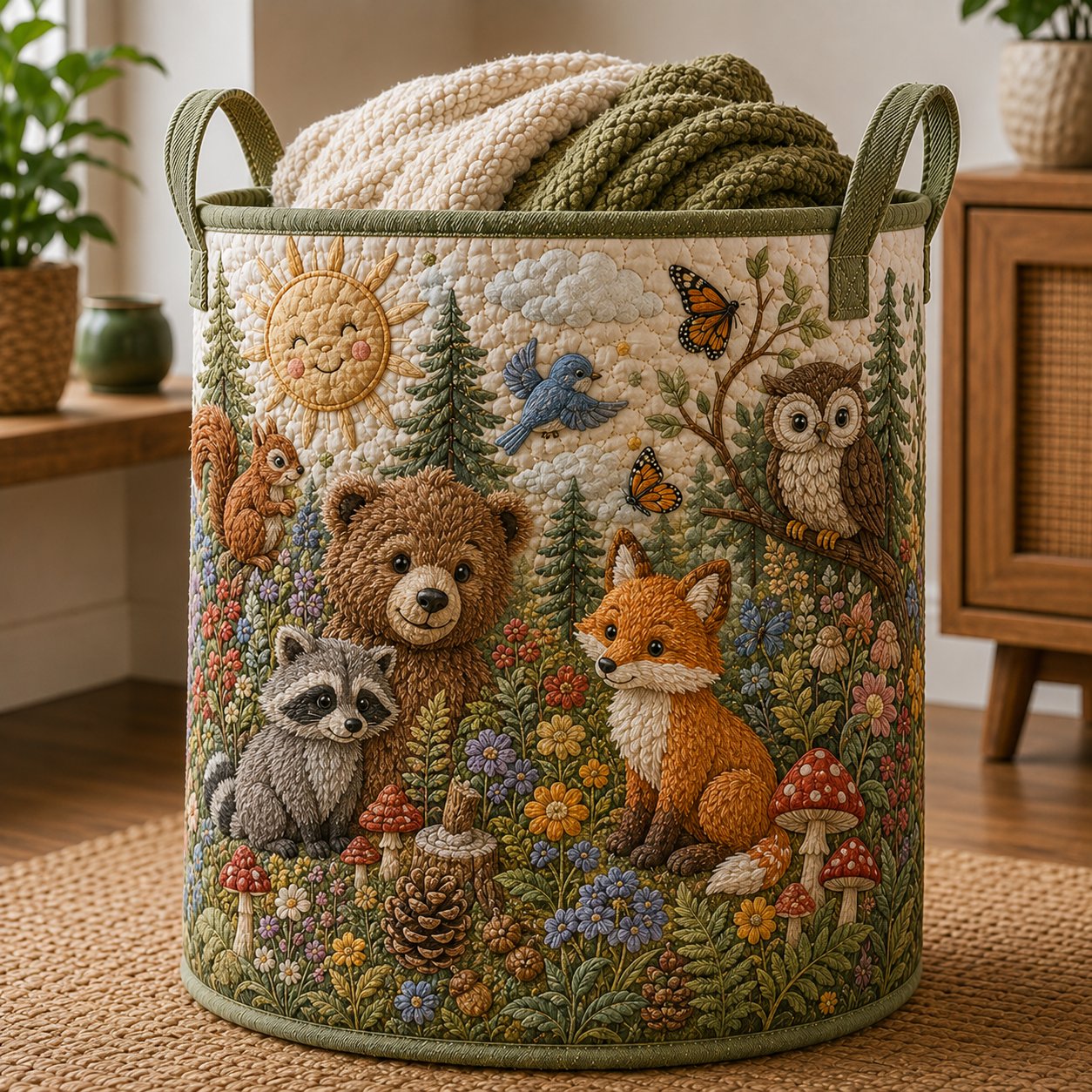 Woodland Animals Quilted Laundry Basket, Forest Nursery Hamper