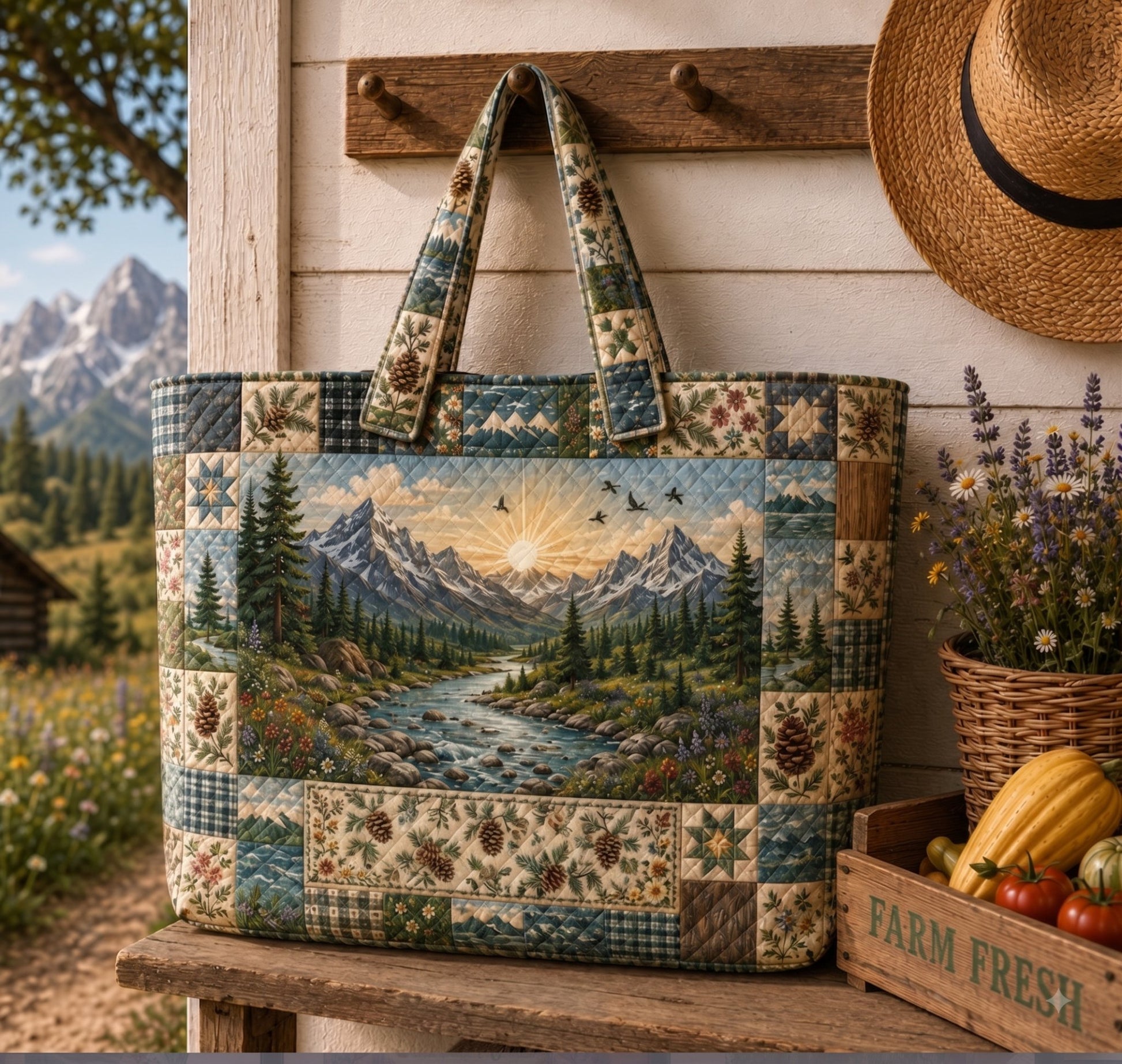 Mountain Landscape Quilted Tote Bag, Hiking Lover Gift, Gift for Her