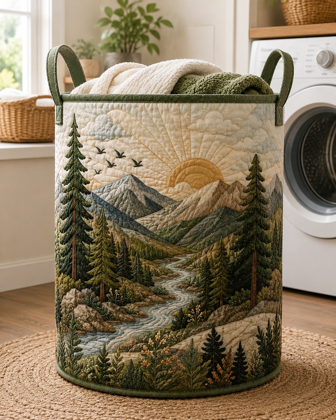 Quilted Laundry Basket, Mountain Forest Hamper, Rustic Cabin