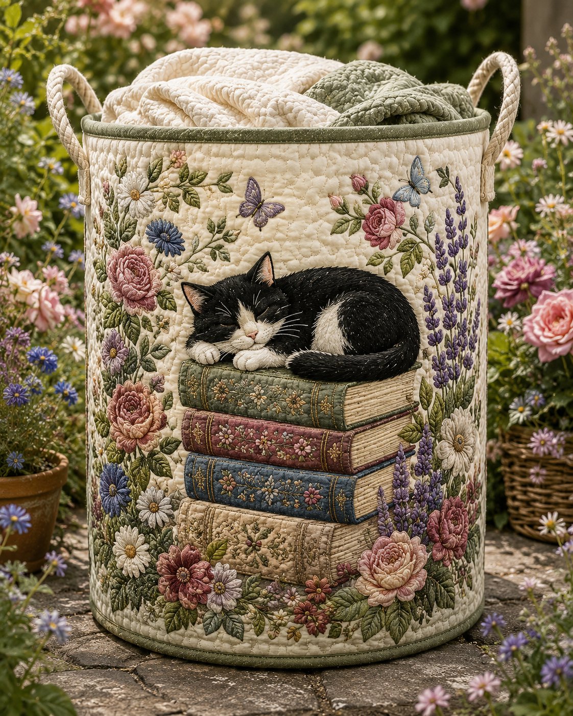 Quilted Cat Laundry Bag, Floral Cottagecore Storage, Gift for Her