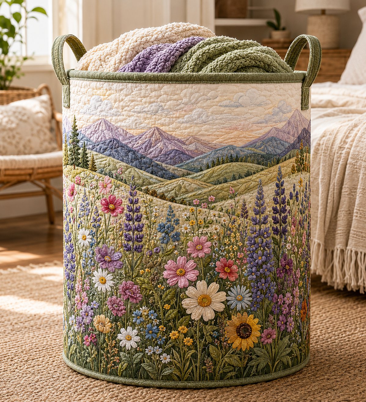 Wildflower Meadow Quilted Laundry Bag, Cottagecore Hamper, Gift for Her