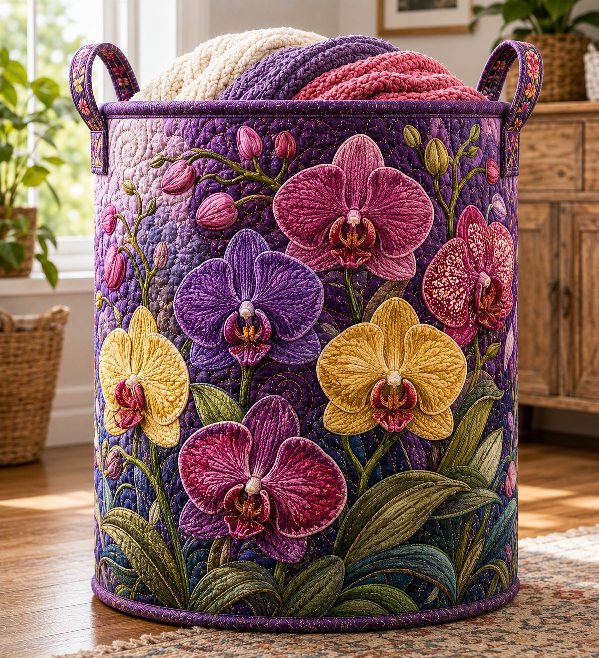 Quilted Orchid Laundry Basket, Purple Floral Hamper, Gift for Her