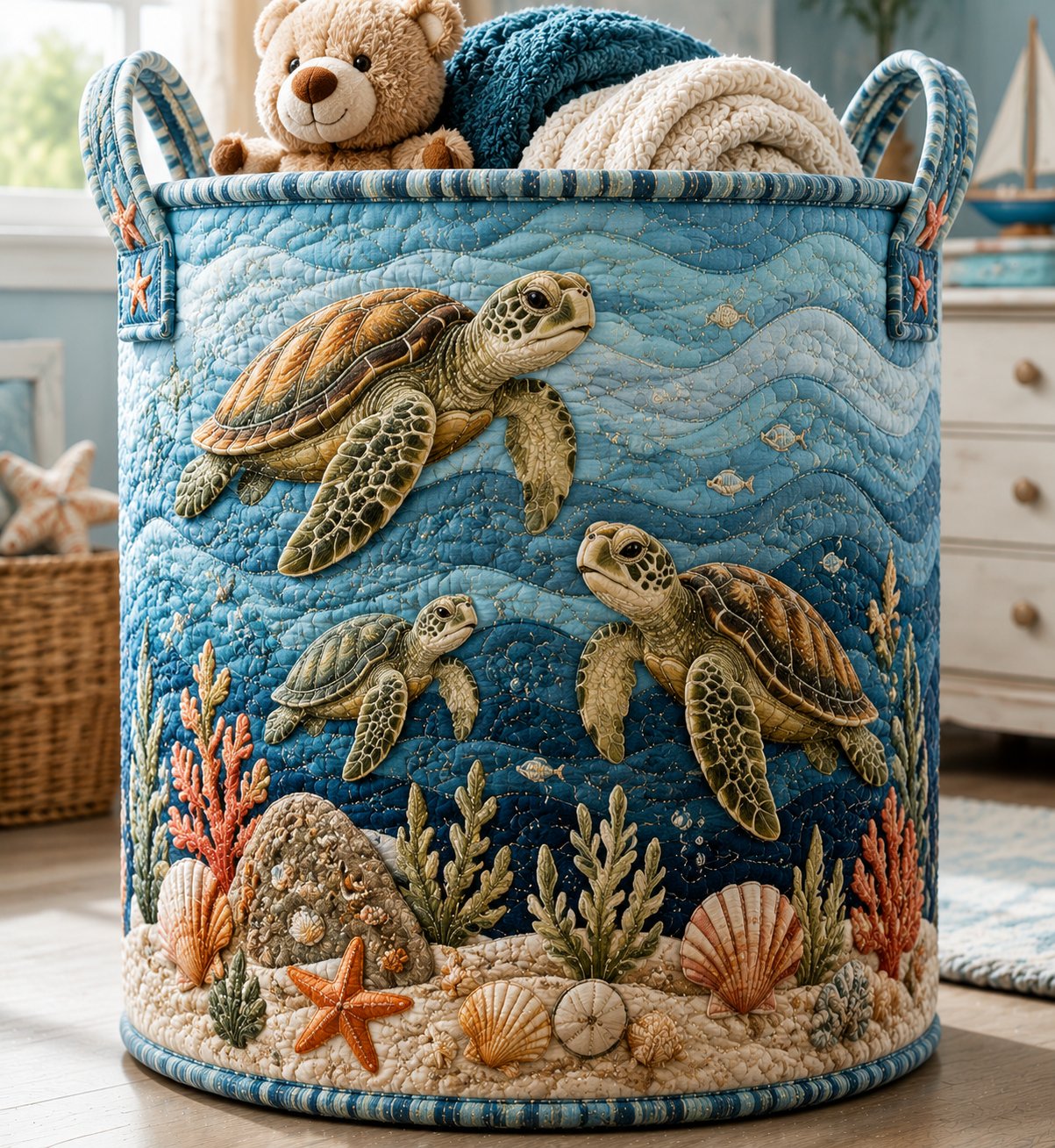 Sea Turtle Quilted Laundry Basket, Coastal Beach House Decor