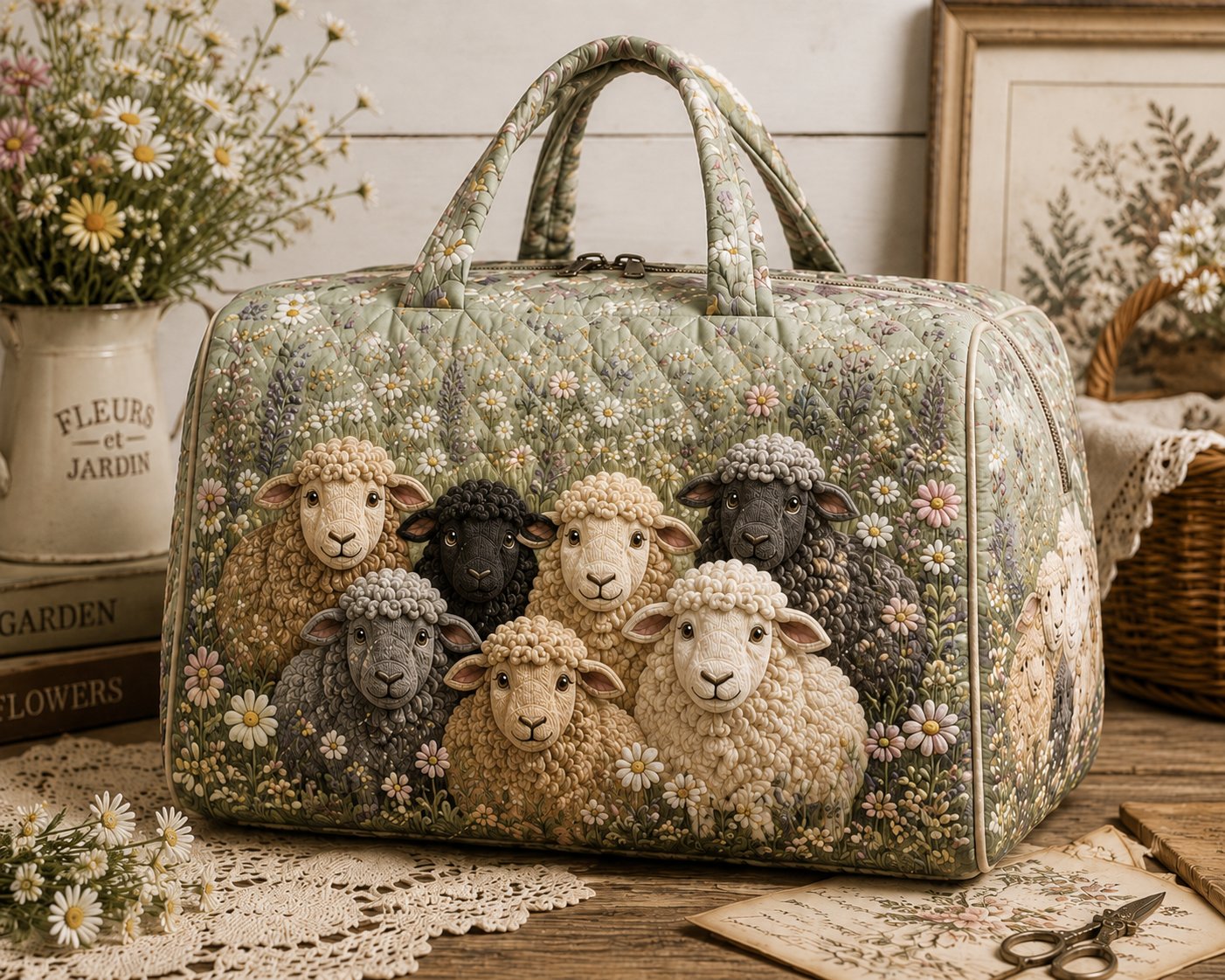 Quilted Sheep Weekend Bag, Personalized Farm Animal Tote, Gift for Her