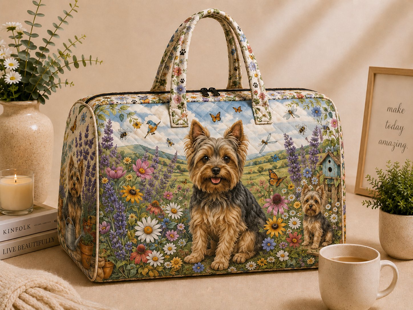 Yorkie Wildflower Quilted Weekend Bag, Dog Mom Gift