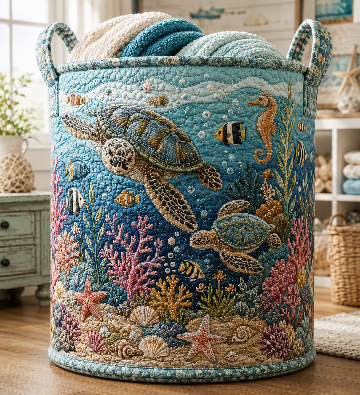 Sea Turtle Quilted Laundry Bag, Ocean Coastal Storage Bin, Beach House Decor