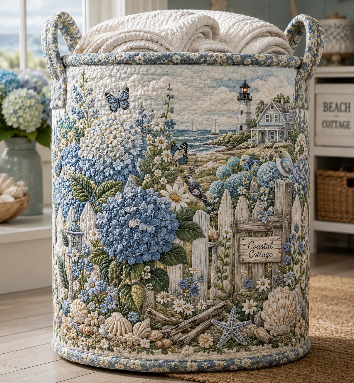 Blue Hydrangea Quilted Laundry Bag, Coastal Cottage, Beach Gift